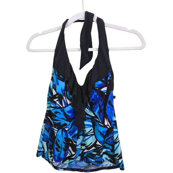 Aqua Green Blue Black Halter Ruffled Tankini Top Size 10 - Picture 1 of 4